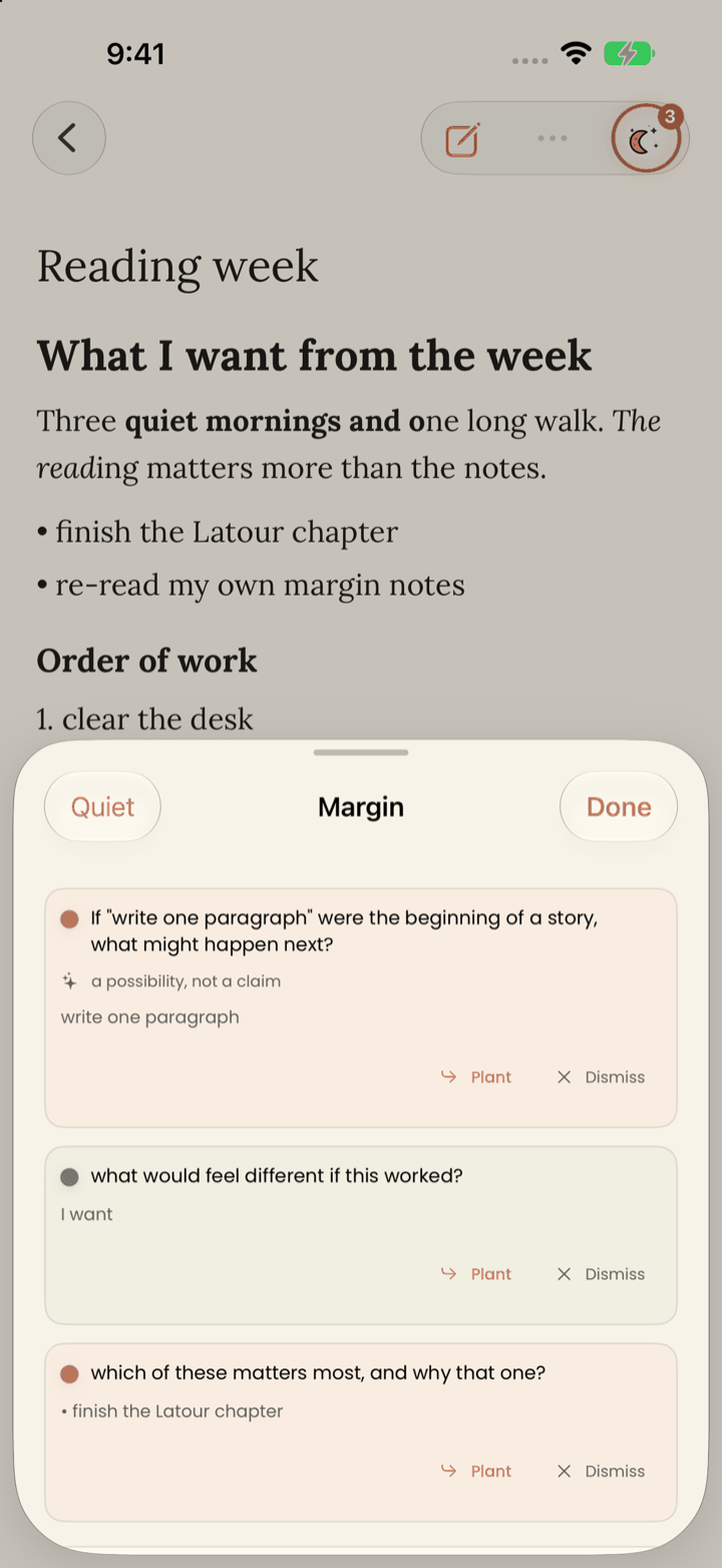 App preview: the Margin sheet with three question cards, each quoting words from the note, with Plant and Dismiss actions and Quiet and Done buttons above.